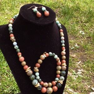Multi-earth toned Genuine crystal set: necklace, earrings, and bracelet